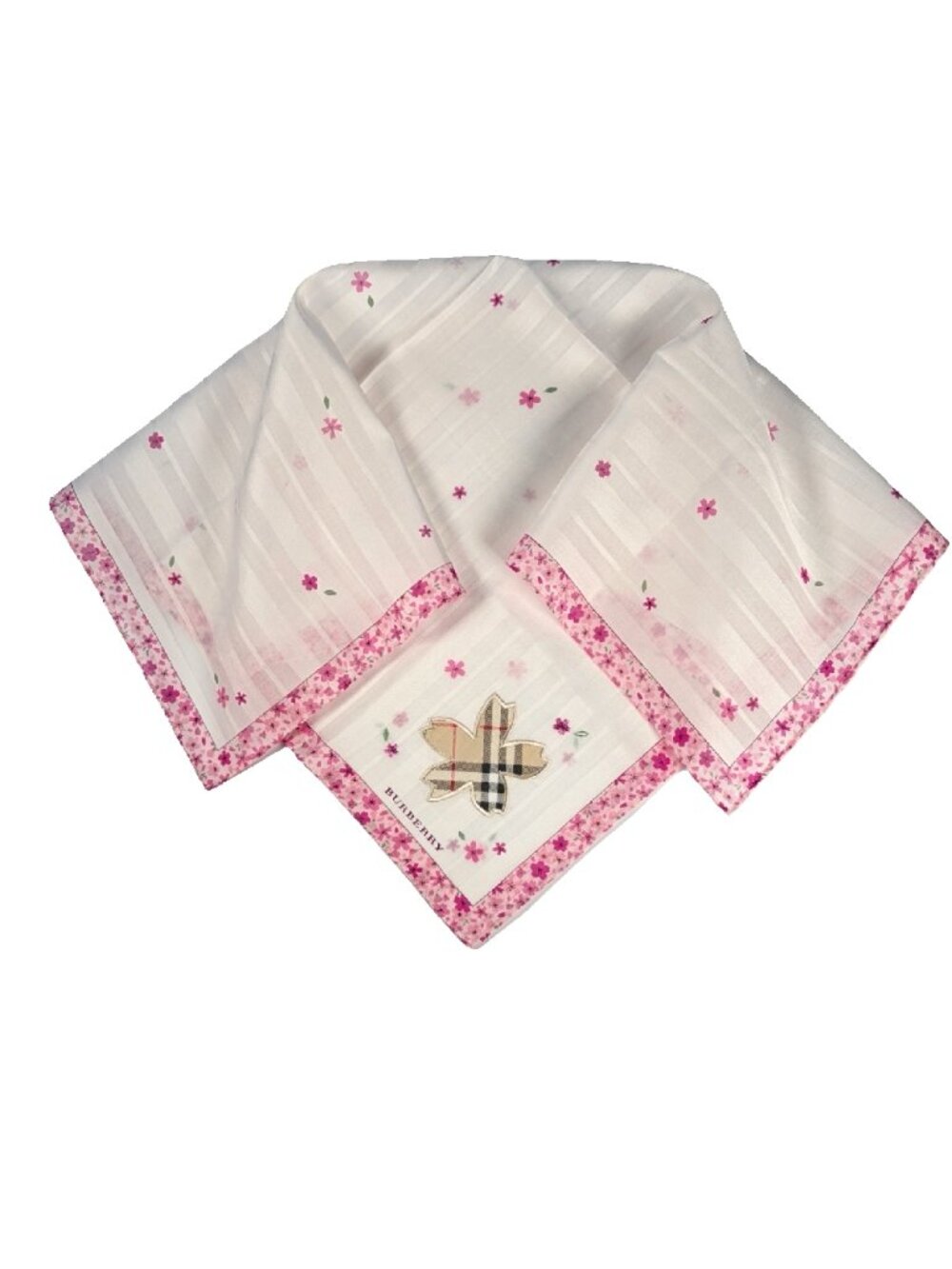Burberry Cotton Floral Scarf Pink Check Appliqué Leaf 19.5"